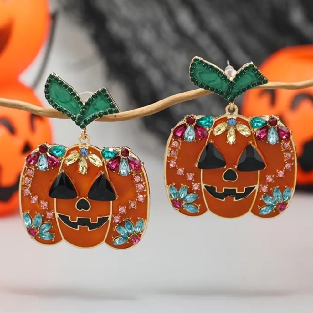 Pumpkin & Rhinestone Jack O’Lantern Dangle Earrings